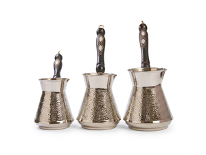 Juego de 3 piezas de cafetera turca plateada, de cobre texturizado y chapado en plata, Cez Ibrik, juego de cafetera árabe premium con mango incrustado. - Product Image 2