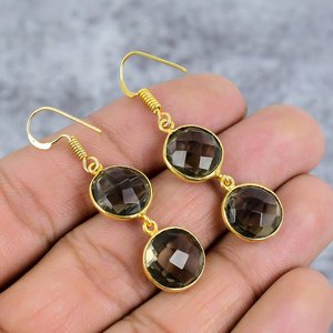 Smoky Quartz Round Cut Gemstone 925 Sterling <b>Silver</b> Gold Plated Trendy Wedding Hook Wire <b>Dangle</b> <b>Earrings</b> for Women - Product Image 1