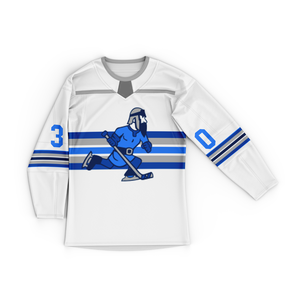Maillot de hockey imprimé par transfert thermique en polyester respirant, personnalisable avec le nom de l'équipe, unisexe, logo frontal, sangle réglable, col en V, manches courtes - Product Image 1