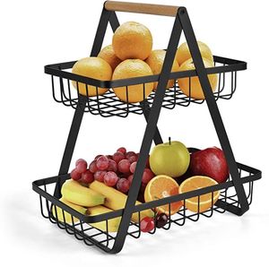 Panier à fruits métallique détachable pour cuisine, support portable à poignée en bois, étagère à double niveau pour fruits et légumes, grande capacité - Product Image 1