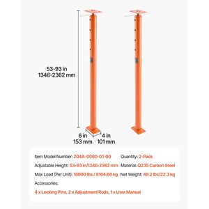 Confezione da 2 Pali Regolabili per Sollevamento Basamenti da 53-93 Pollici, Capacità Massima di Carico 18.000 Libbre, Componenti per Scale e Ponteggi - Product Image 5