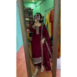 SRK Beautiful <b>Maroon</b> Silk Salwar Kameez with Embroidered <b>Top</b>-Bottom and Dupatta for Weddings Size XL - Product Image 3