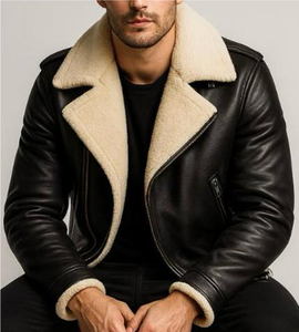 Blouson Bomber en Cuir Noir Effet Peau de Mouton Style Urbain Hivernal - Col Montant Imperméable & Respirant Couleurs Personnalisables & Logo Frontal - Product Image 4