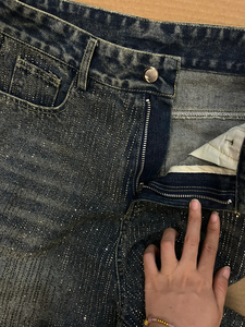 Jean en denim pour femme à strass, taille haute, coupe ample, délavé, jambe large, style mode - Product Image 5