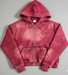Sweat à capuche pour homme personnalisé, style streetwear, coupe ample à épaules tombantes, en molleton 100% coton, fermeture éclair, avec rivets et strass, grammage lourd - Product Image 2
