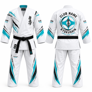 MEGAMAPLE Kyokushin Karate Gi Blanc Bleu Imprimé par Sublimation Col en V Manches Courtes Respirant Uniforme Unisexe Adulte 100% Coton - Product Image 1