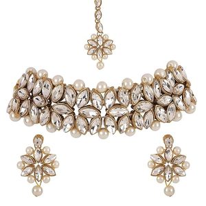 Conjunto de Collar, Pendientes, Anillo y Pulsera de Aleación Chapada en Oro con Cristales de Imitación de Perlas y Forma de Flor Romántica para Mujer, Boda - Product Image 4