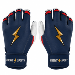 Guantes de Bateo Deportivos Sinewy de Cuero Azul Marino con Logotipo Dorado de Rayo, Detalles Rojos, Cierre de Velcro, Transpirables y de Secado Rápido - Product Image 1