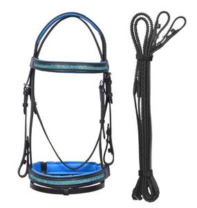 Juego de Brida de Cuero Negro de Lujo para Caballo, con Diadema de Cristal Azul, Narquera Acolchada, Brida Ecuestre Inglesa, Riendas de Goma MS TECHIFY - Product Image 1