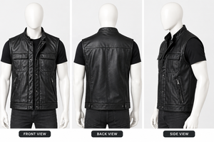 Chaleco de Cuero Negro para Hombre, Estilo Motero, Chaqueta sin Mangas con Cuello Alto, Cierre de Cremallera y Bolsillos - Product Image 6