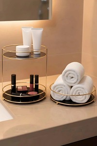 Minimalist <b>Round</b> Metal Side <b>Table</b> With Black Glass Shelves Stackable Design For Home Storage And Organization From India - Product Image 2