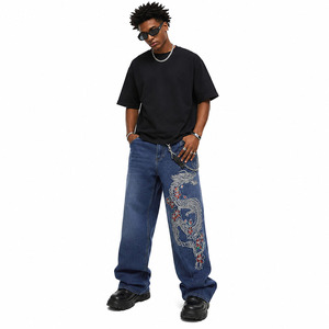 Vaqueros Anchos Personalizados con Bordado para Hombre, Estilo Vintage Lavado, Pantalones de Mezclilla de Pierna Ancha, Streetwear con Bordado de Dragón, Ajuste Holgado, Vaqueros Hip Hop - Product Image 3