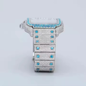 Reloj de Lujo con Incrustaciones de Moissanita VVS, Automático, Bisel Cuadrado con Diamantes Azules y Blancos, Números Romanos, Joyería Hip Hop - Product Image 4