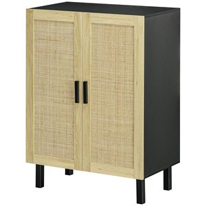 Mobile da Cucina Boho Nero e Rovere Naturale con 2 Ante in Rattan, Ripiani Regolabili per Sala da Pranzo, per Uso in Villa - Product Image 1