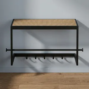 Étagère murale en métal avec assise tressée et crochets pour manteaux, design minimaliste pour salle de bain, organisateur multifonctionnel - Product Image 2