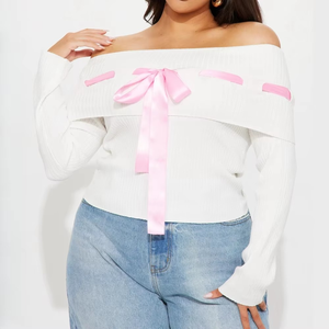 Pull côtelé pour femme à épaules dénudées, col plissé décoré, 100% coton, style mode, collection printemps, OEM, vente en gros - Product Image 5