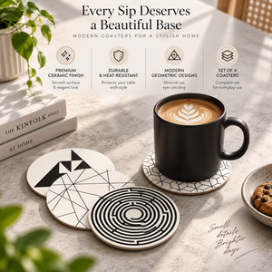 Geometric Coaster Set of 4 MDF Round Drink Coasters Heat Resistant <b>Table</b> <b>Protectors</b> Cork Backing Modern Home Office Decor | Set - Product Image 2