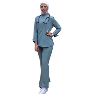 Stylish Custom Muslim Woven Spandex/Polyester Medical <b>Scrub</b> <b>Set</b> Nursing Uniform Long Sleeve Modest Fit for Women Hospitals - Product Image 1