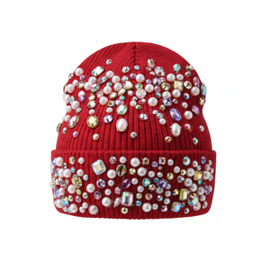 Trendy Red Rhinestone Beaded Knit Beanie <b>Hat</b> for <b>Women</b> Men Unisex Warm <b>Winter</b> Cuffed Skull Cap with Pearl Crystal Embellishments - Product Image 5