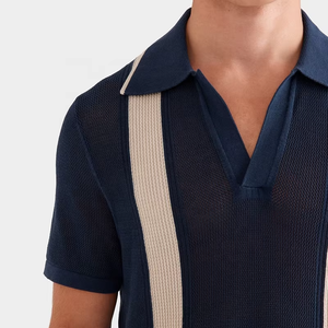 Polo de Verano de Alta Calidad para Hombre, Tejido de Algodón Piqué, Cuello Abierto, Manga Corta, con Rayas Tejidas en Contraste - Product Image 3