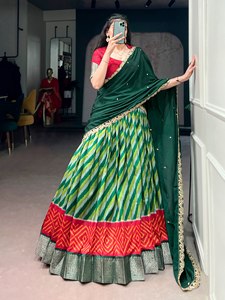 Women's <b>Top</b> Lehenga in Tasar Silk with Leheriya Print and Zari Weaving Work for Party Occasions All Seasons - Product Image 3