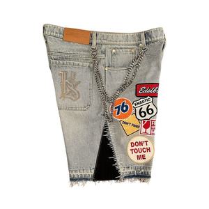 Men's Patchwork Denim Shorts Vintage Washed Streetwear Jean Shorts Graphic Badge Embroidery <b>Hip</b> Hop Loose Fit Custom Logo OEM - Product Image 5