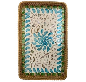 Ensemble de plateaux à collation en rotin naturel artisanal avec incrustation de nacre, plateau de service de luxe haut de gamme et décoration festive pour la maison - Product Image 2