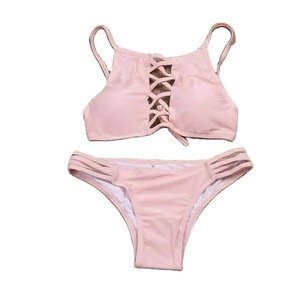 Women's Pink Bikini Set <b>Crossed</b> Halter Lace Up <b>Top</b> Thong Bottoms Solid Color Stretch Swimwear Two Piece - Product Image 1