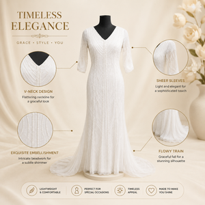Women White Beaded Wedding Dress V Neck Half Sleeve Mermaid Bridal Gown Embellished Floor Length Train Elegant Formal Ceremony - Product Image 5