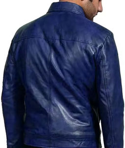 Veste en cuir pour homme en véritable peau de mouton bleue, style motard |   Style moto ajusté |   Veste de voyage d'extérieur sur mesure |   Prix de gros - Product Image 2