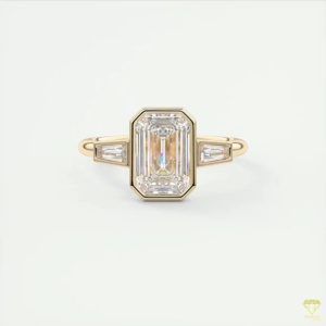 Elegant <b>Emerald</b> Cut Lab Grown Diamond Engagement <b>Ring</b> In Yellow Gold Bezel Setting With Tapered Side Stones - Product Image 2