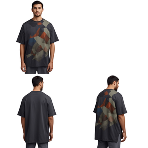 T-shirt imprimé épais coupe ample, motif géométrique abstrait multicolore personnalisé, tee-shirt oversize à épaules tombantes, vêtements en gros - Product Image 3