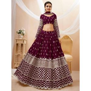 Bewitching Wine Sequins Georgette <b>Wedding</b> Wear Lehenga Choli - Product Image 1