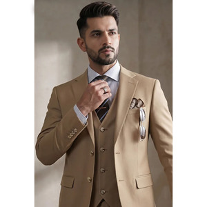 Traje de Negocios para Hombre, Color Beige, Cierre de un Botón, Solapa con Muescas, Estilo Británico, Mezcla de Lana y Poliéster, Corte Regular, Antiarrugas, Tejido - Product Image 2