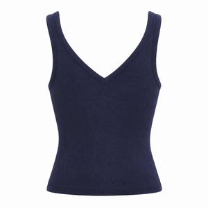 <b>Women's</b> <b>Navy</b> Blue Ribbed V-Neck Tank <b>Top</b> With Button Detail Casual Sleeveless Knitted <b>Top</b> - Product Image 3