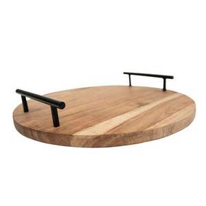 Plateau de service rond en bois moderne et durable fait à la main avec poignée en fer, compatible lave-vaisselle, pour cuisine, table à manger, plateau décoratif pour ottoman - Product Image 3