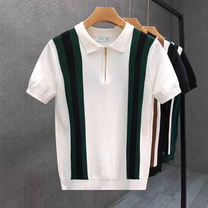 Polo de Punto Blanco para Hombre con Rayas Verdes, Manga Corta, Corte Regular, Estilo Preppy, Ribete en Contraste - Product Image 2