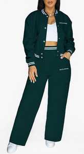 Oneten Apparel Women <b>Dark</b> <b>Green</b> Sporty Tracksuit Set Snap Button Jacket Wide Leg Pants Two Piece Outfit - Product Image 1