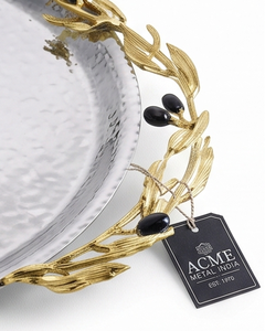 Bandeja de Servir Ovalada Plateada de Lujo ACMI con Asa de Hoja de Oro, Acabado Metálico Pulido, Diseño Elegante, Apta para Lavavajillas y Microondas, Uso Residencial - Product Image 2
