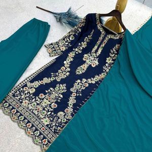 Ensemble Kurti Palazzo Dupatta en Soie Crêpe Naturelle Pure pour Femme, Broderie Lourde, Paillettes, Kundan, Découpes, Tenue de Soirée Designer, Costume Ethnique - Product Image 1