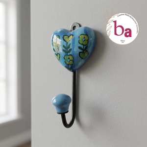 Gancho de Pared con Forma de Corazón de Cerámica Beads Art CK 558 Ba, Diseño Floral Azul Vintage Hecho a Mano, Gancho Individual para Decoración del Hogar - Product Image 3
