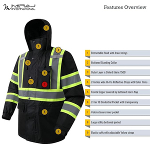 เสื้อกันหนาวนิรภัยสีดำแบบหนาพิเศษ, เสื้อแจ็คเก็ตสะท้อนแสงสำหรับงานกลางคืน, เสื้อคลุมกันน้ำสำหรับงานอุตสาหกรรม, ชุดทำงาน - Product Image 5
