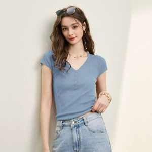 เสื้อแขนสั้นลำลองสำหรับผู้หญิง สไตล์พังก์ ผ้าไหม/ผ้าฝ้ายผสม คอวี กระดุมหน้า ระบายอากาศได้ดี ทรงเข้ารูป สำหรับฤดูร้อน - Product Image 2