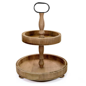 Support à gâteau moderne en bois fait à la main à 2 niveaux plateau de service à cupcakes rond en bois naturel pour fête de mariage à la ferme vente en gros - Product Image 5