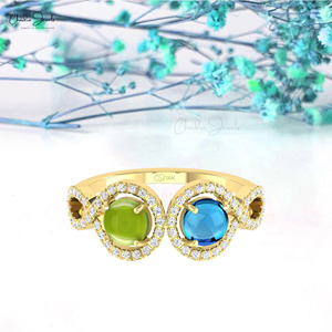 Anillo de Doble Halo con Peridoto y Topacio Azul Suizo de 5mm en Oro Fino de 14k, Anillo de Aniversario de Bodas con Diamantes, en Tendencia - Product Image 1