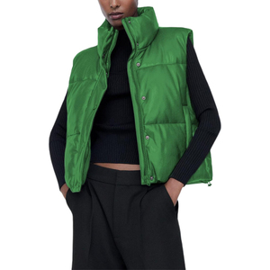 High Quality Women's Stand Collar Puffer Vest Solid Green Zipper Closure Casual Outerwear <b>Short</b> Length Polyester Filling - Product Image 5
