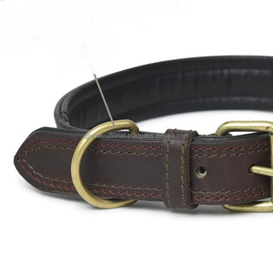 Collar de piel auténtica para perro, colgante de cuero marrón con hebilla de metal antigua, anillo en D, relleno completo, doble costura, en todos los tamaños - Product Image 3