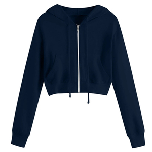 Sudadera con Capucha Corta Azul Marino para Mujer, con Cierre, 100% Algodón Tejido, Transpirable, Manga Larga, para Otoño - Product Image 1