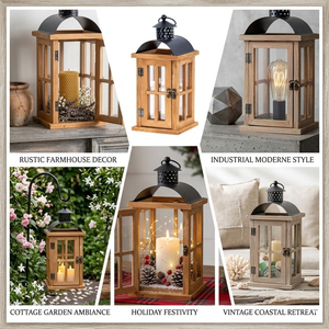 Wholesale Decorative Vintage Wood Candle <b>Lantern</b> with <b>Black</b> Metal Top and Embossed Glass Inserts for Home Outdoor Decor - Product Image 3