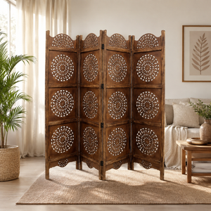 Paravent pliant en bois sculpté à la main indien à 4 panneaux, écran d'intimité pour la maison, le bureau, le salon, le studio, la décoration de la salle de séjour - Product Image 3